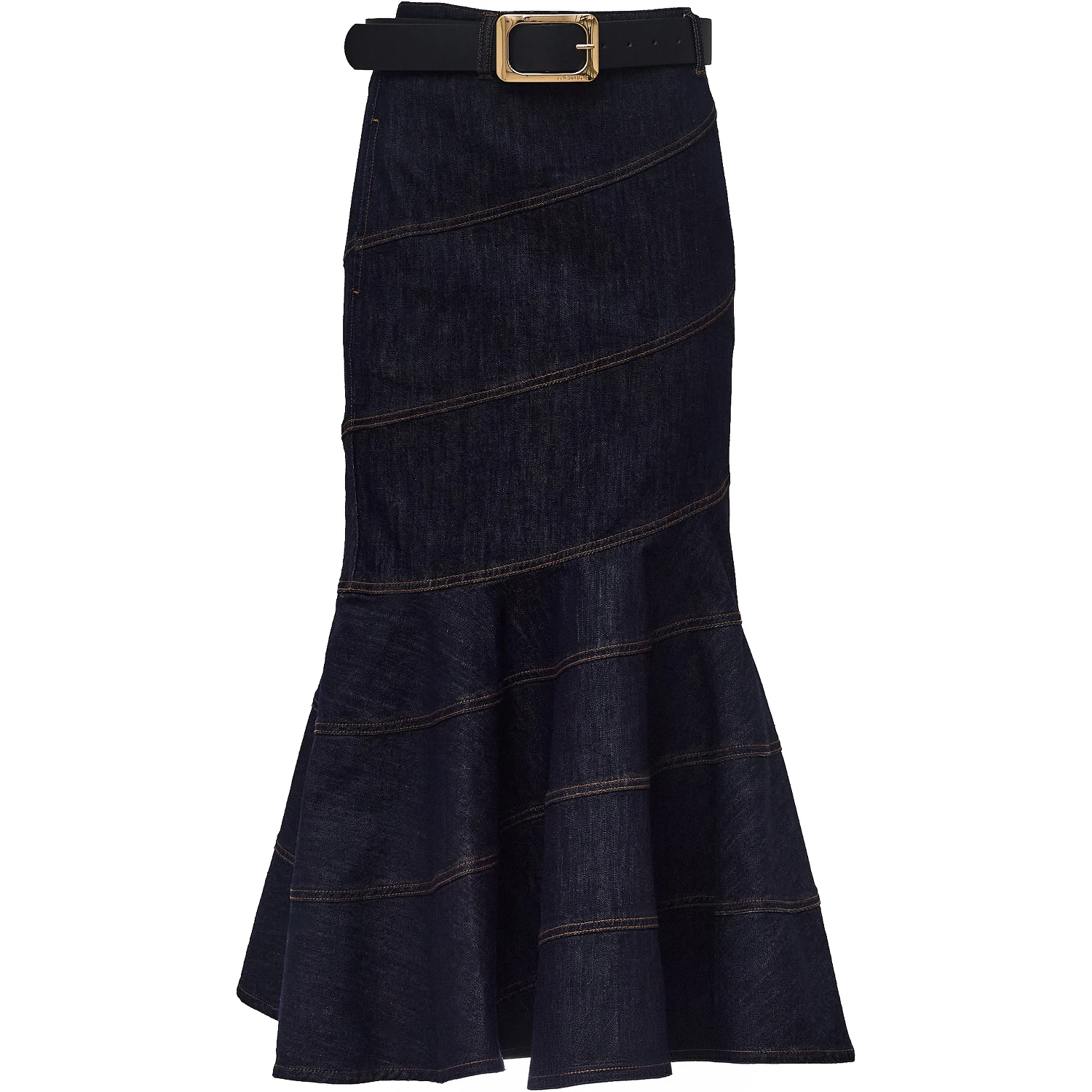 Indigo Denim Belted Midi Skirt