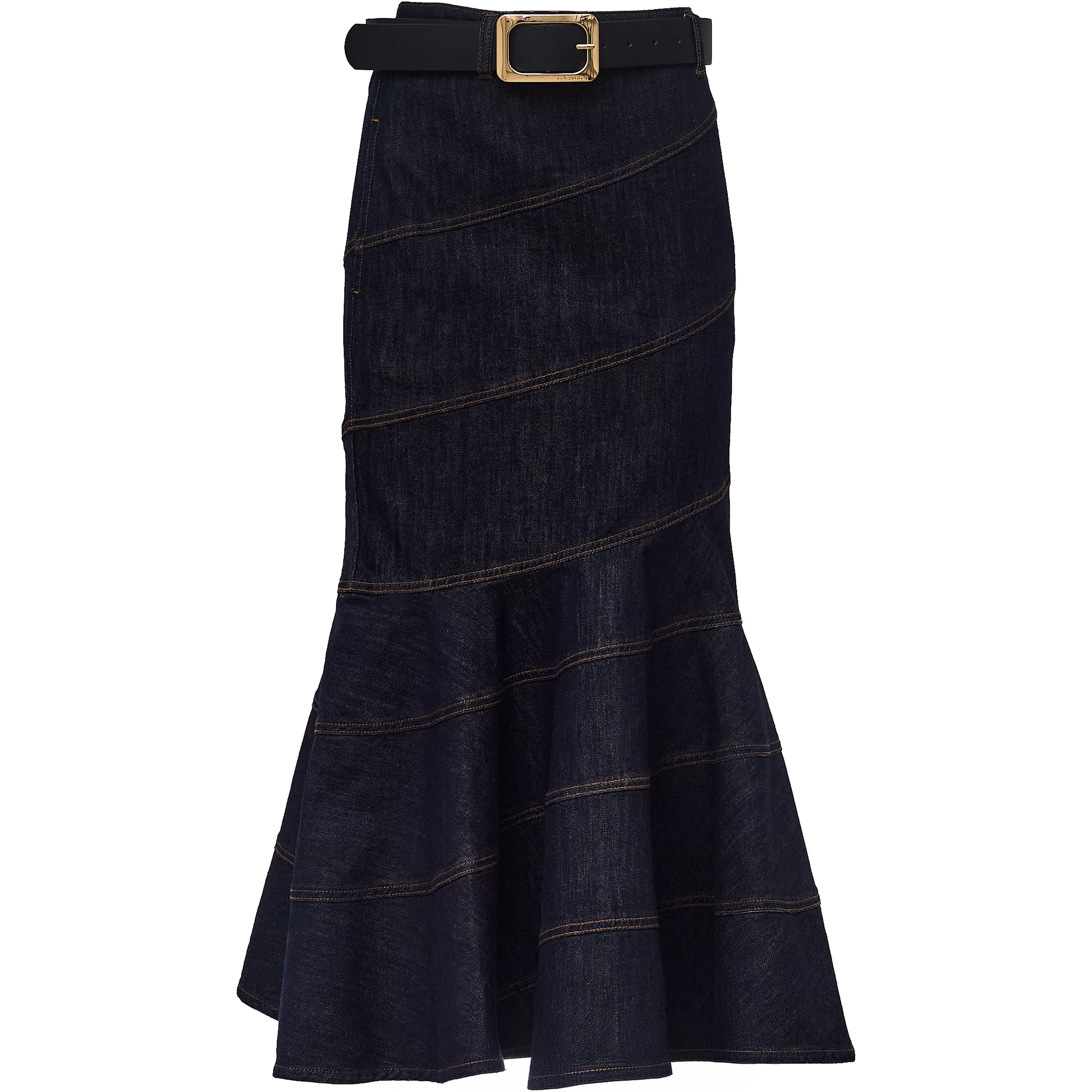 Indigo Denim Belted Midi Skirt