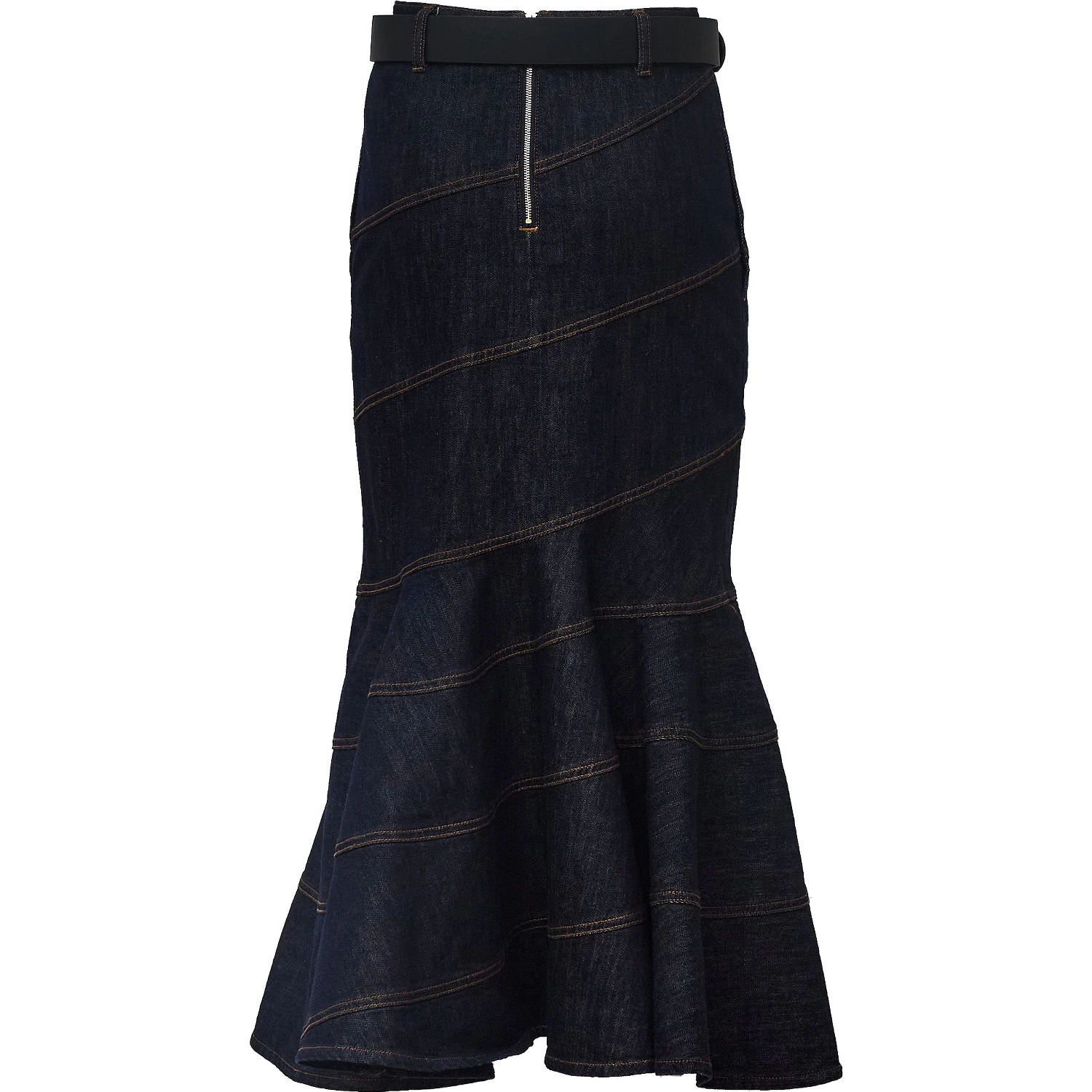 Indigo Denim Belted Midi Skirt