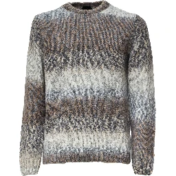 Crew Neck Jumper In Printed Wool Blend Fabric 3 Gauge