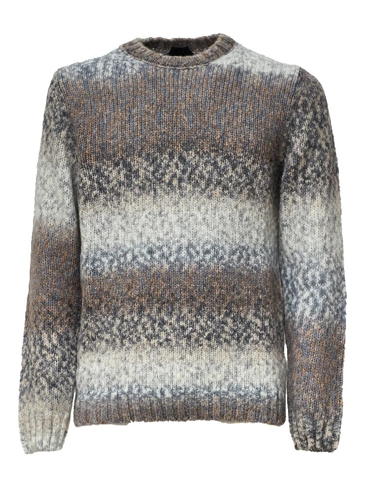 Crew Neck Jumper In Printed Wool Blend Fabric 3 Gauge