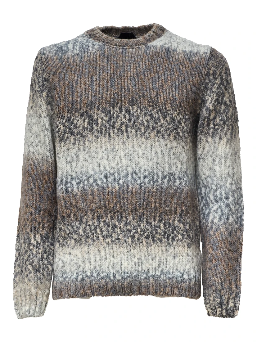 Crew Neck Jumper In Printed Wool Blend Fabric 3 Gauge