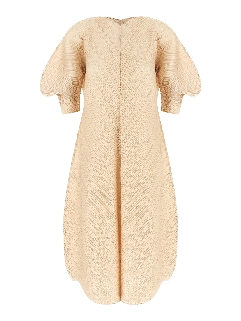 Beige Polyester Midi Dress
