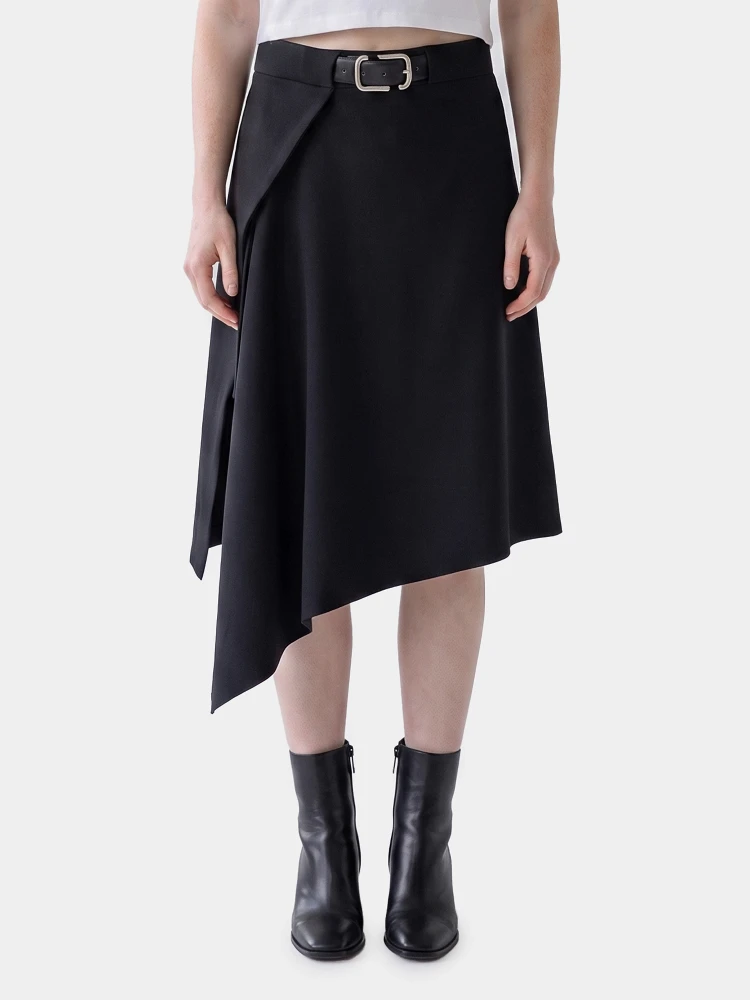 Asymmetric midi skirt with belt