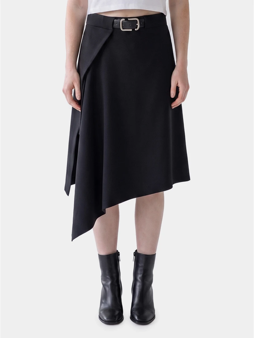 Asymmetric midi skirt with belt