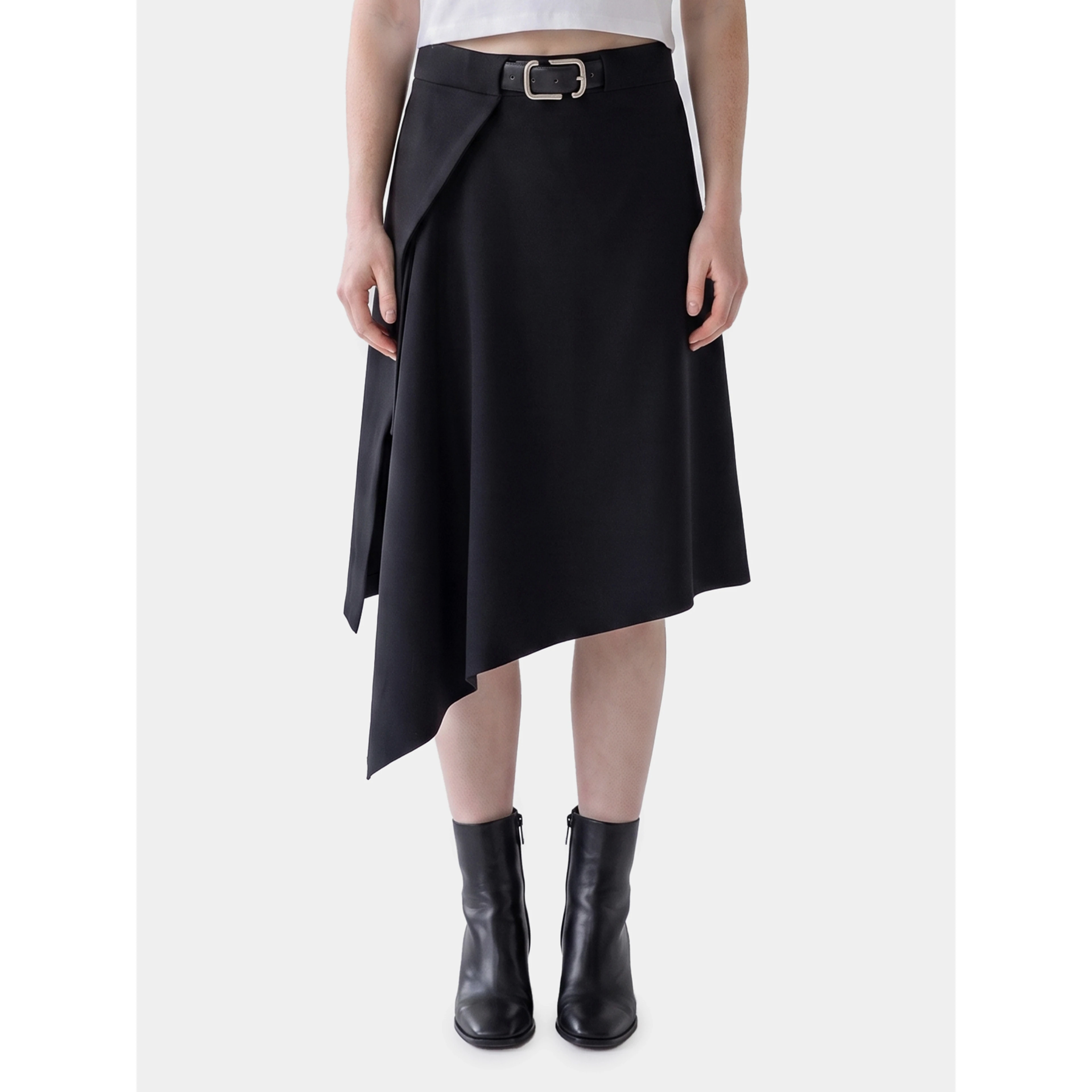 Asymmetric midi skirt with belt