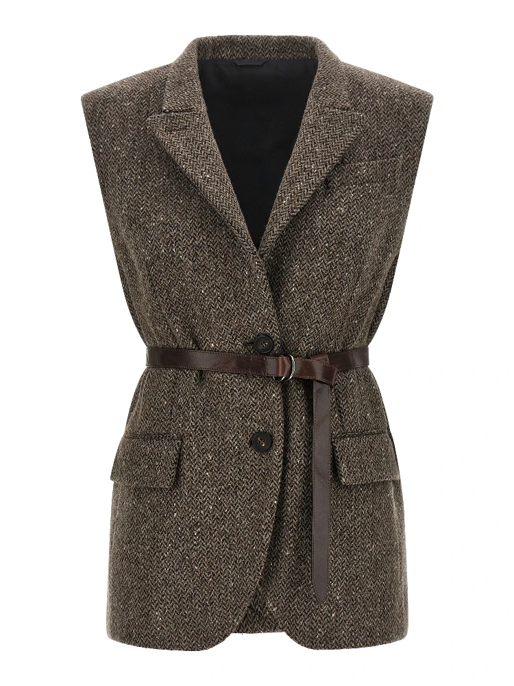 Brown Virgin Wool Sleeveless Jacket