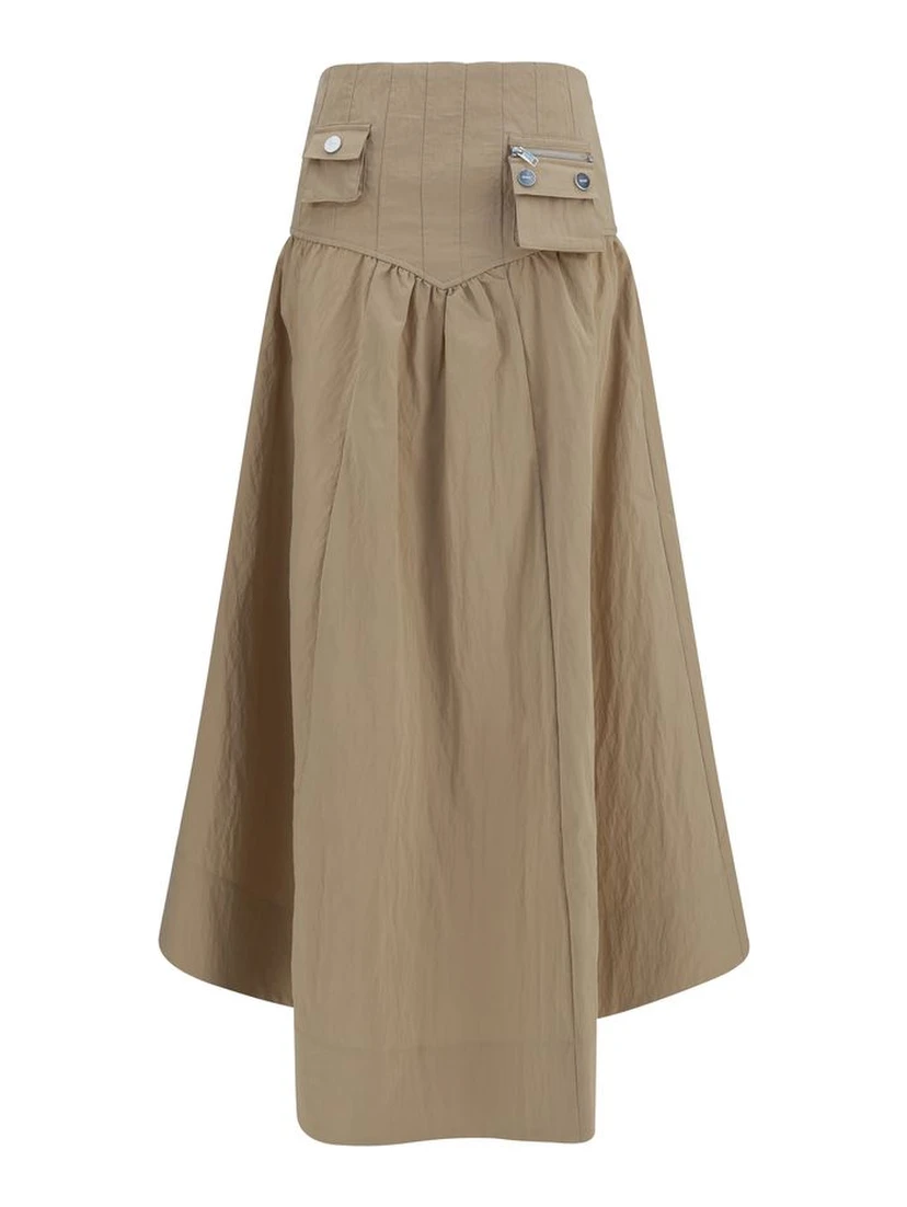 Beige Cotton Midi Skirt