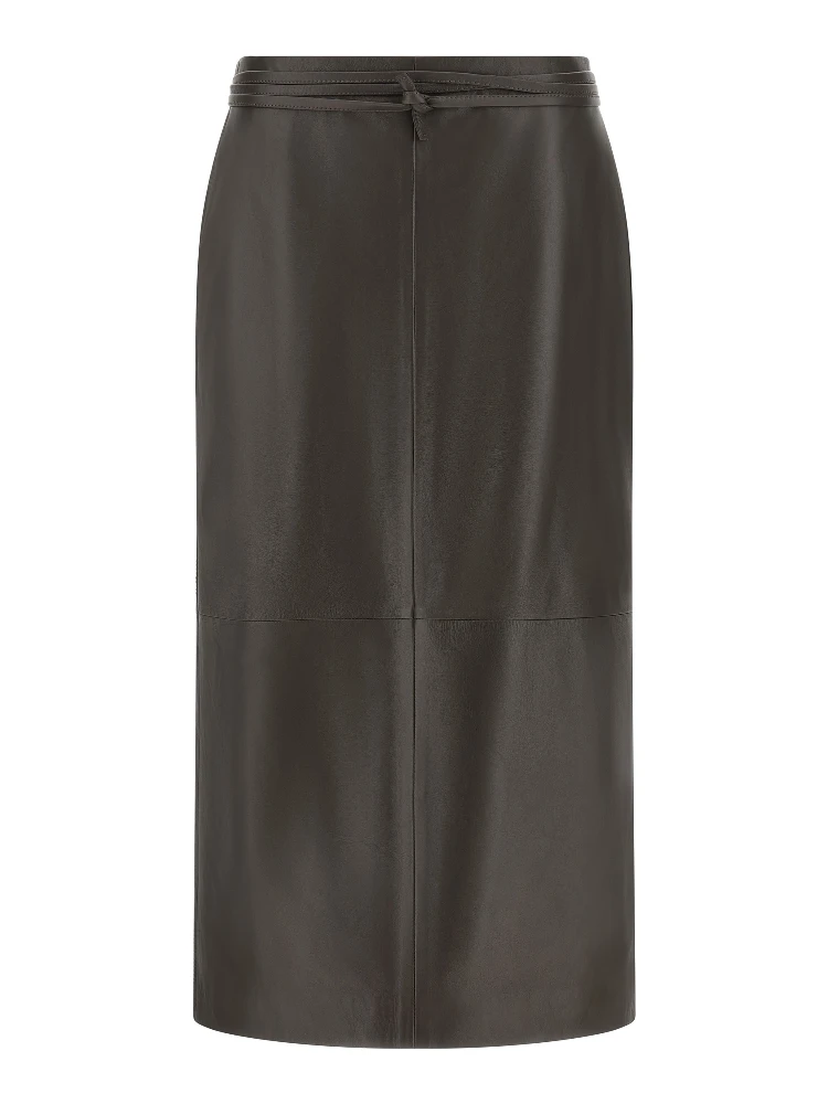Brown Lamb Leather Midi Skirt
