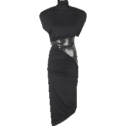 URSULA VEGAN LEATHER DETAILED DRAPED MIDI DRESS