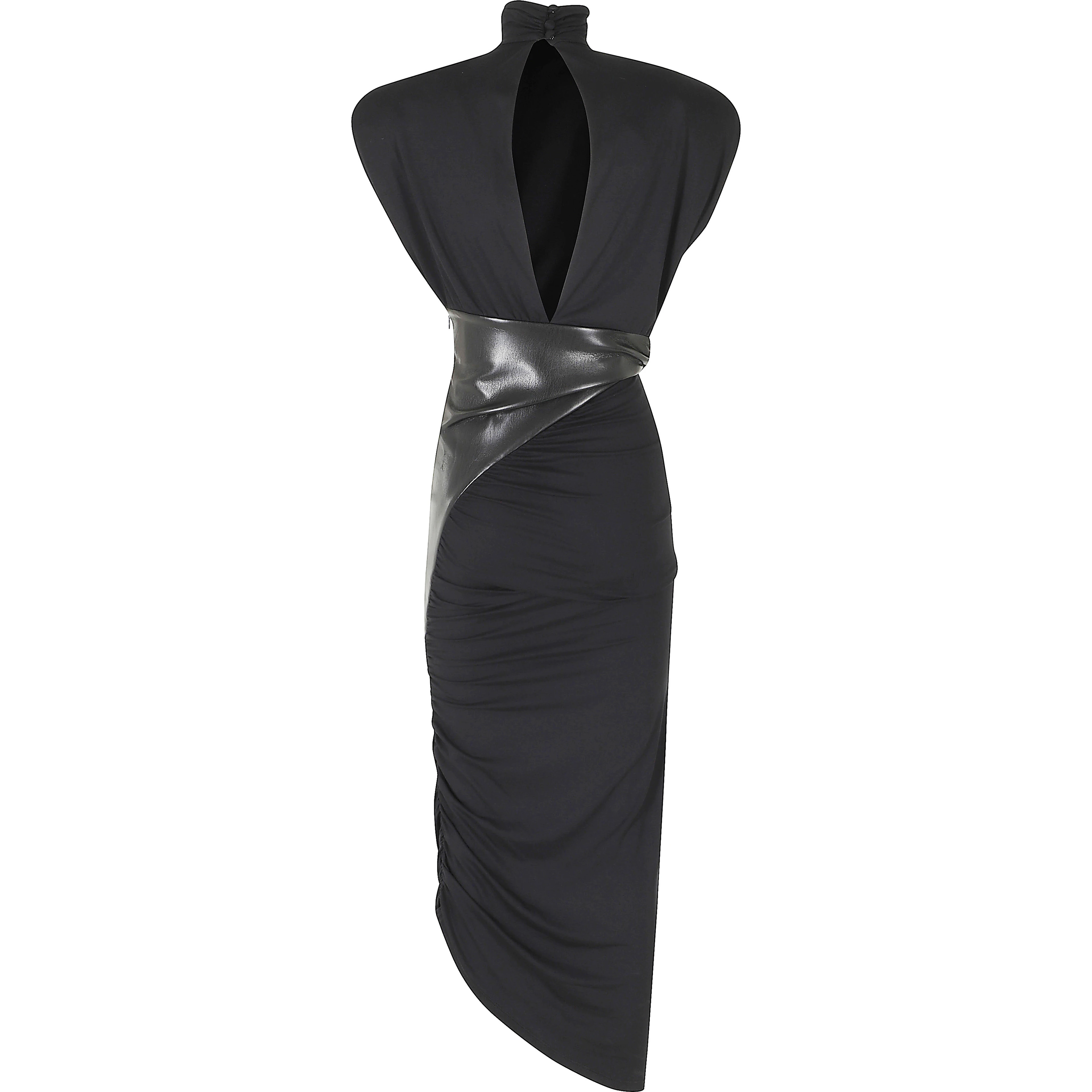 URSULA VEGAN LEATHER DETAILED DRAPED MIDI DRESS