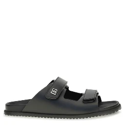 Black Calf Leather Bos Taurus Flat Sandals