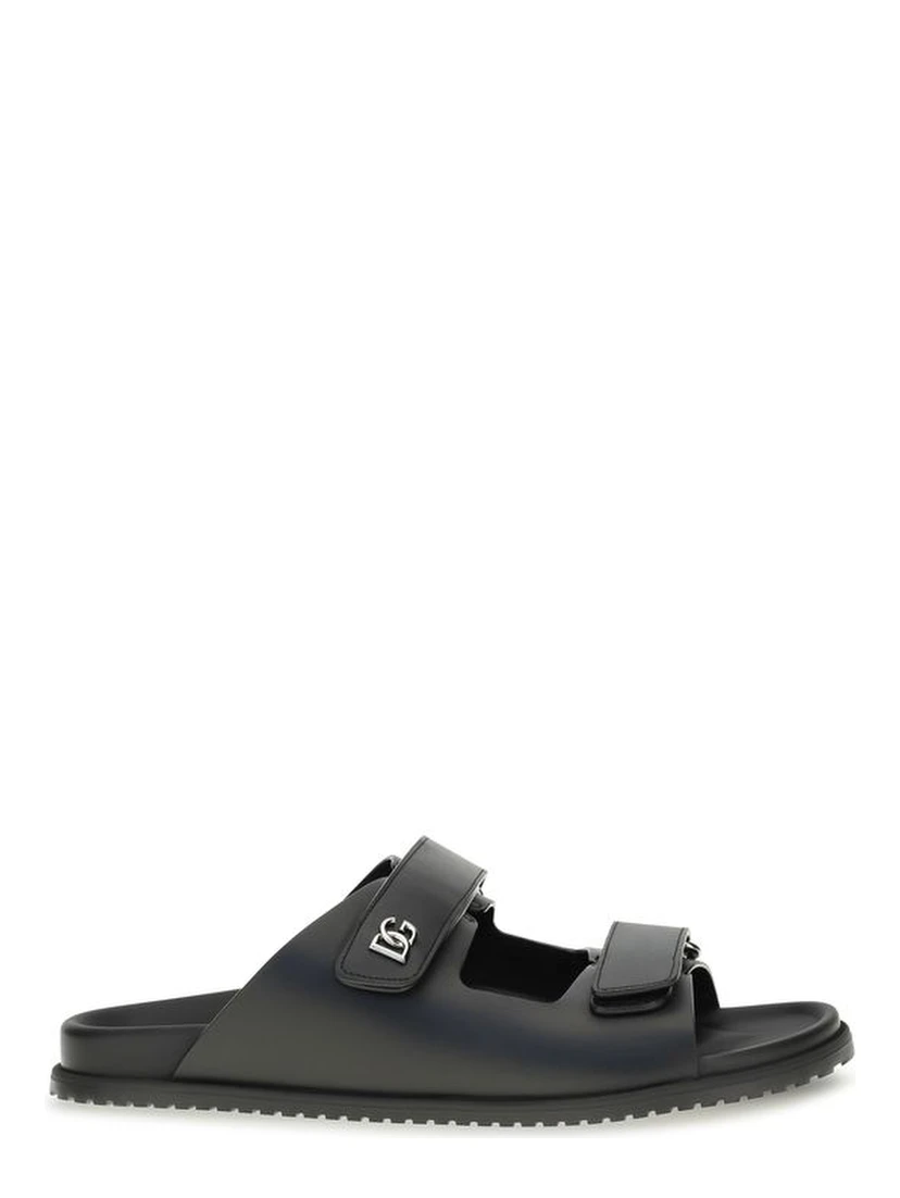 Black Calf Leather Bos Taurus Flat Sandals