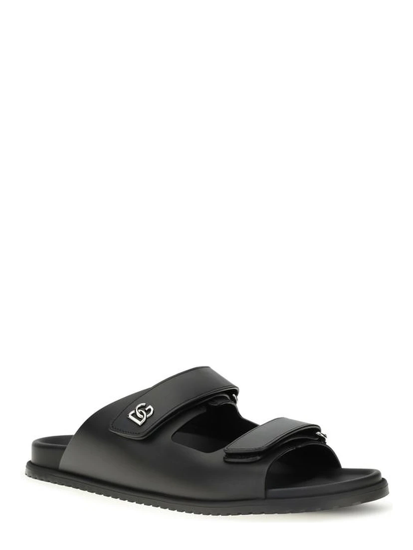 Black Calf Leather Bos Taurus Flat Sandals