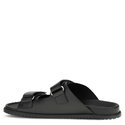 Black Calf Leather Bos Taurus Flat Sandals