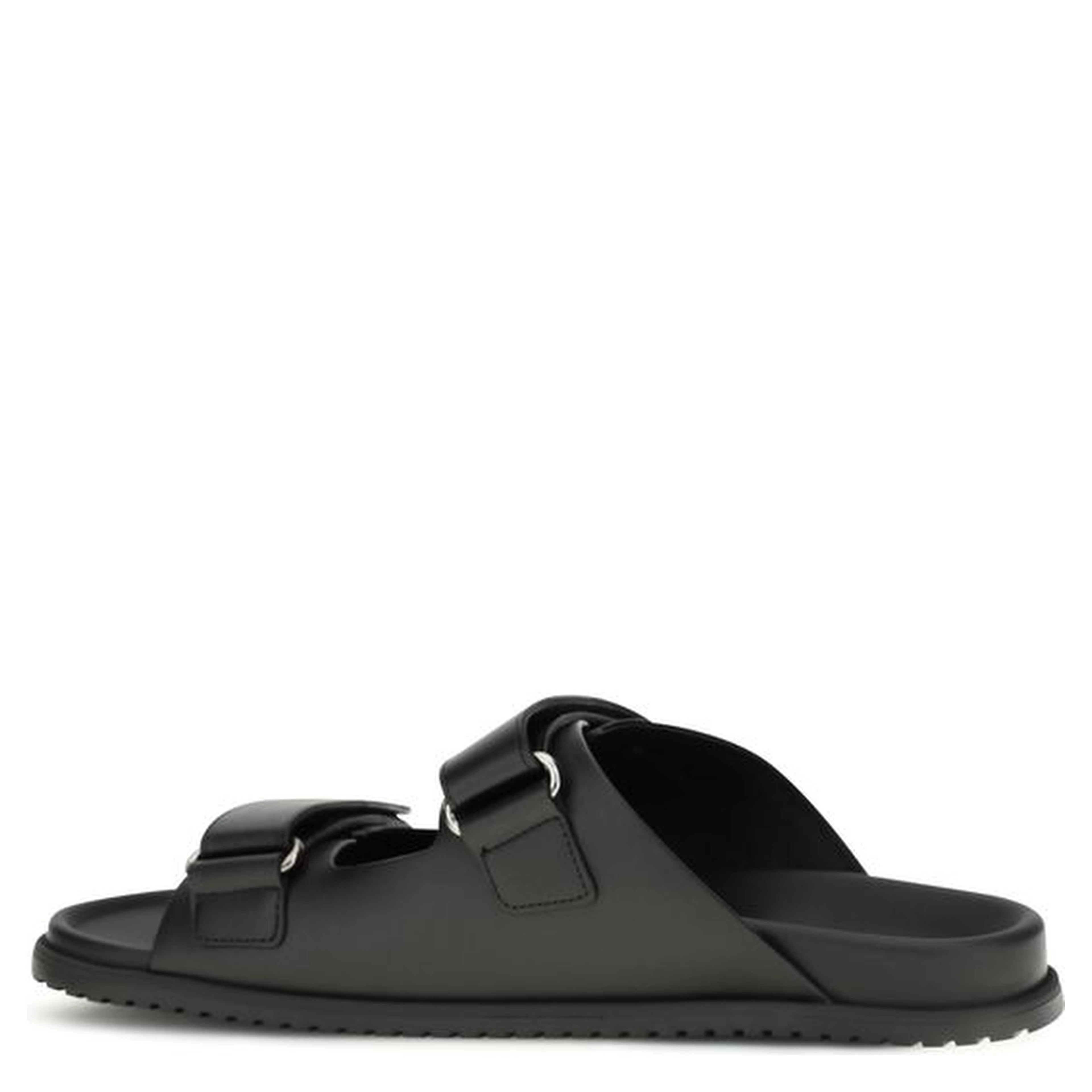 Black Calf Leather Bos Taurus Flat Sandals