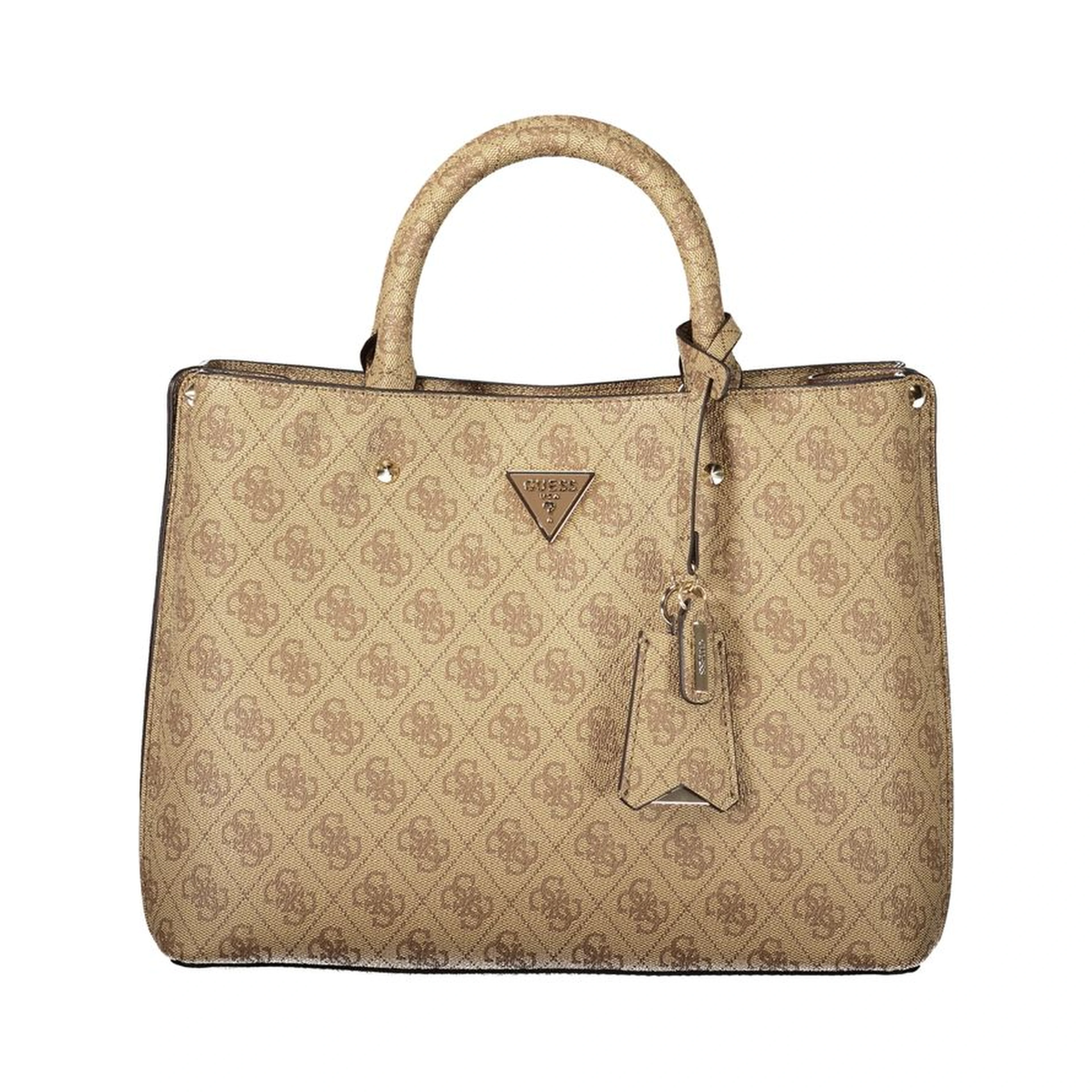Beige Leather Women's Bag with Handles and Shoulder Strap