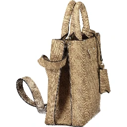 Beige Leather Women's Bag with Handles and Shoulder Strap