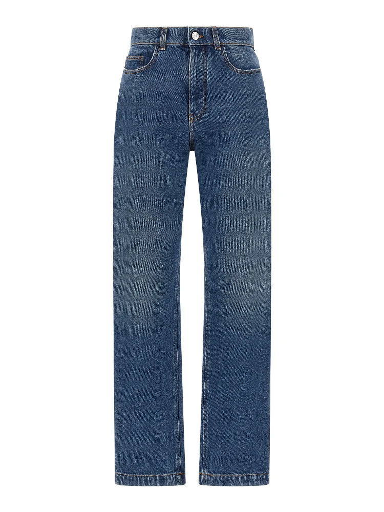 Blue Cotton Straight-Leg Jeans