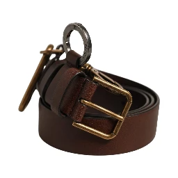 Men Brown Leather Gold Buckle Carabine Belt