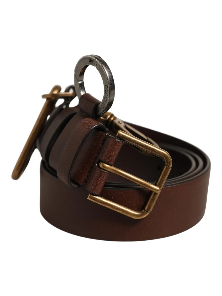 Men Brown Leather Gold Buckle Carabine Belt alternative