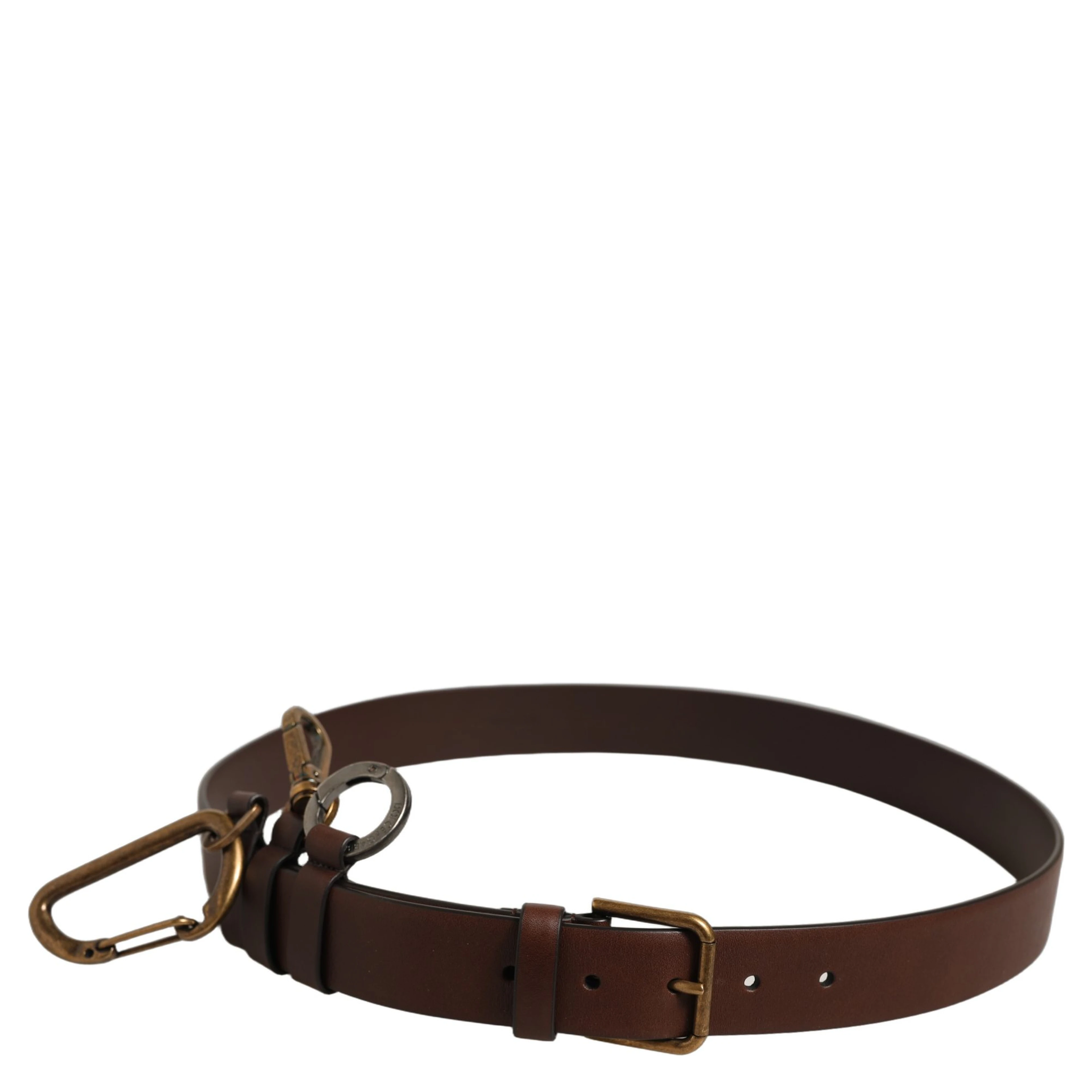 Men Brown Leather Gold Buckle Carabine Belt