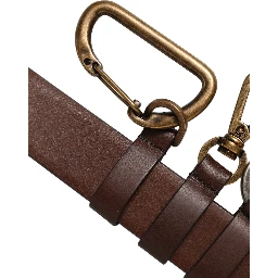 Men Brown Leather Gold Buckle Carabine Belt