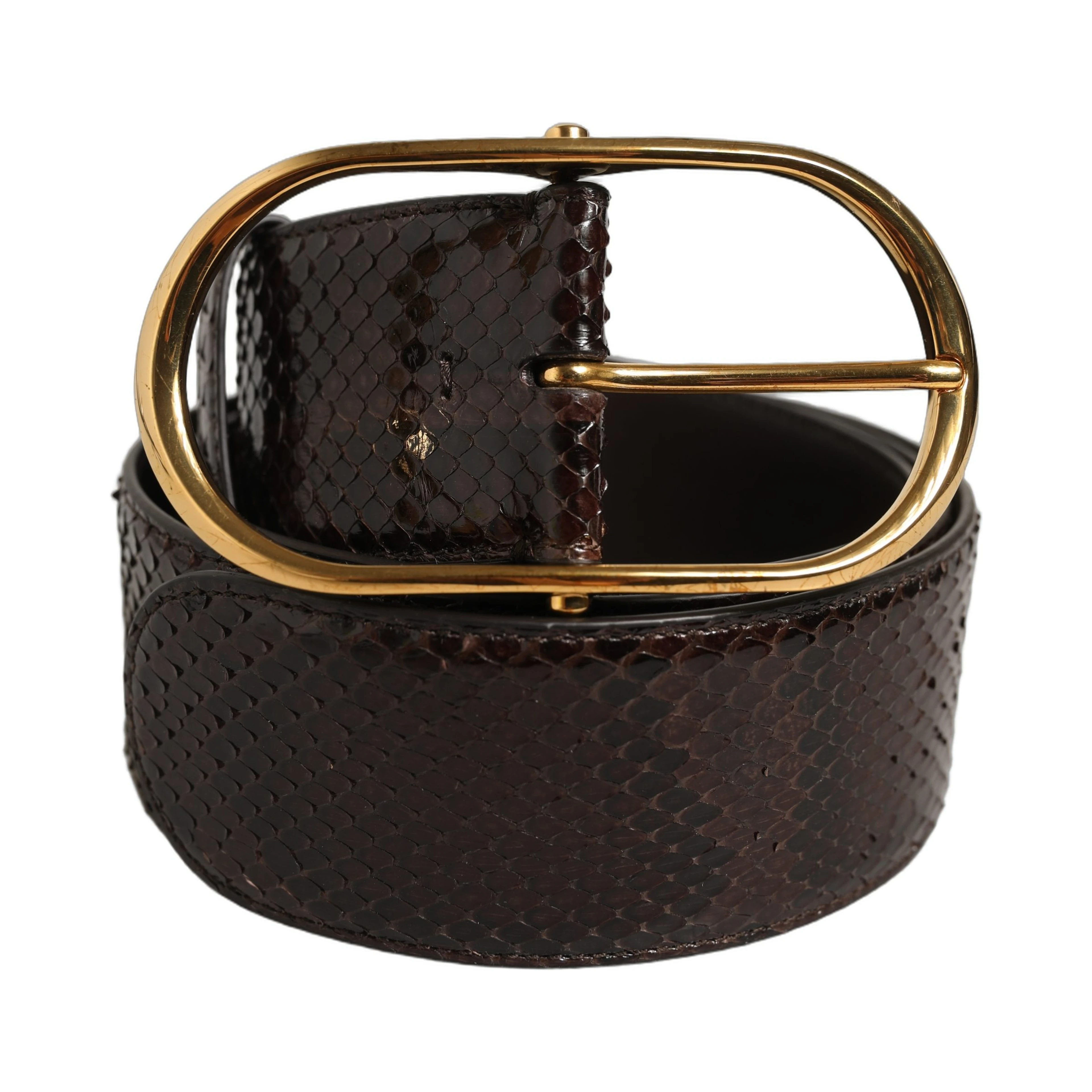 Brown Python Leather Gold Metal Buckle Belt