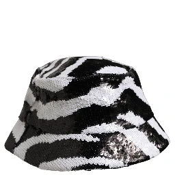 Men Black White Zebra Sequin Bucket Cap Hat