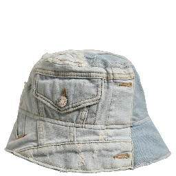 Men Blue Patchwork Cotton Denim Bucket Cap Hat