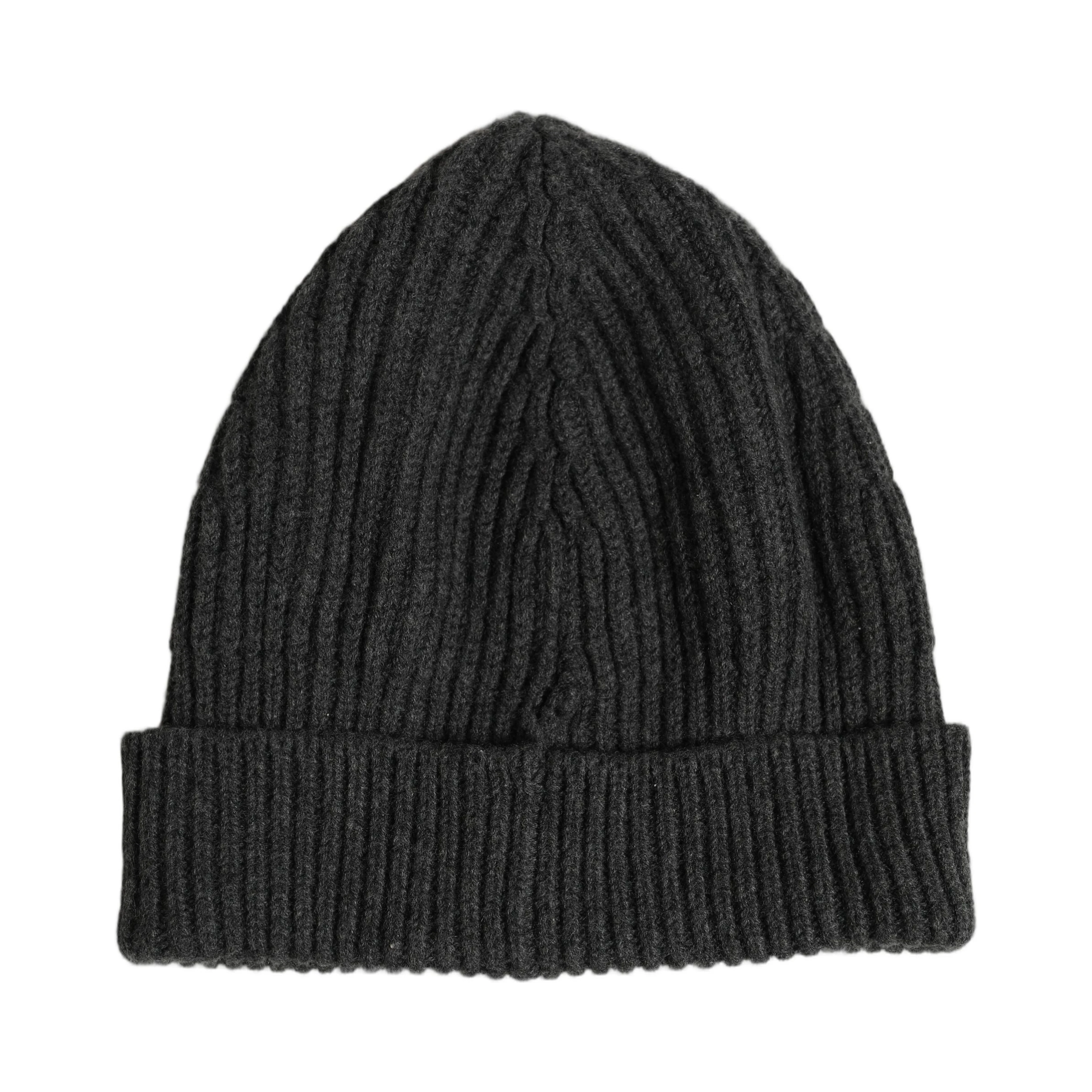 Men Charcoal Grey Ribbed Wool Knit Beanie One Size Hat