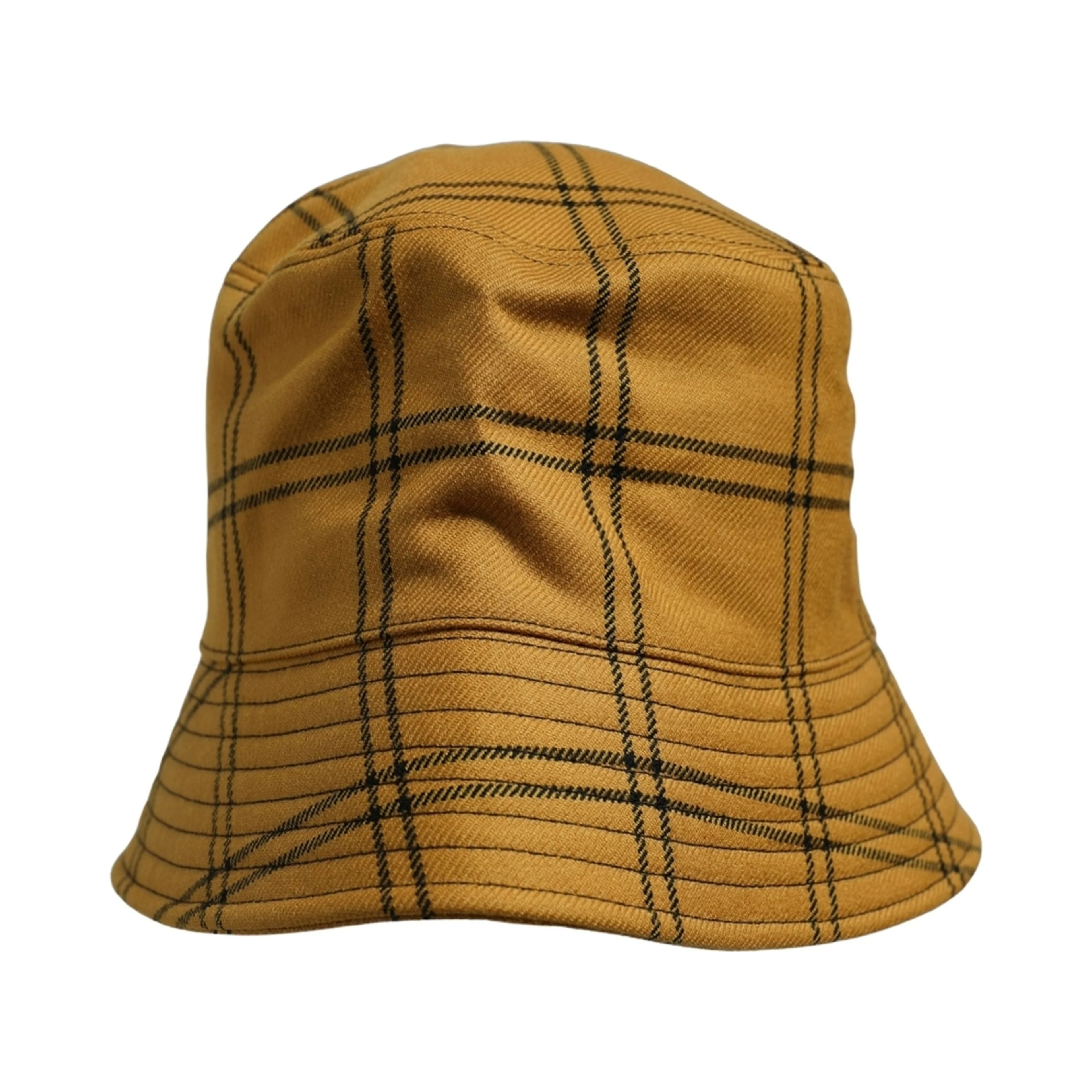 Men Dark Yellow Check Wide Brim Bucket Cap Hat
