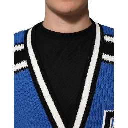 Blue Cotton Logo Patch Ribbed Knit Cardigan Sweater