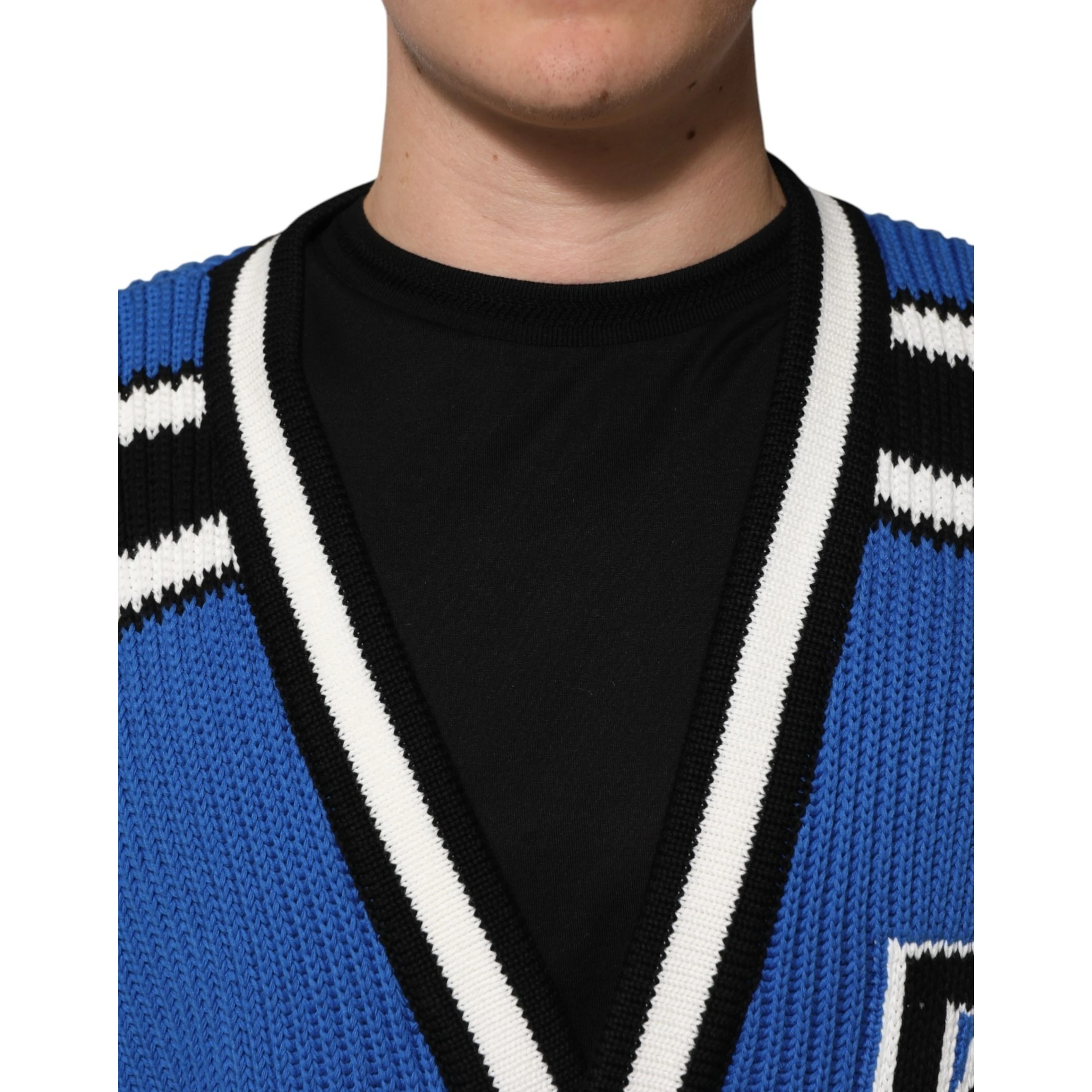 Blue Cotton Logo Patch Ribbed Knit Cardigan Sweater