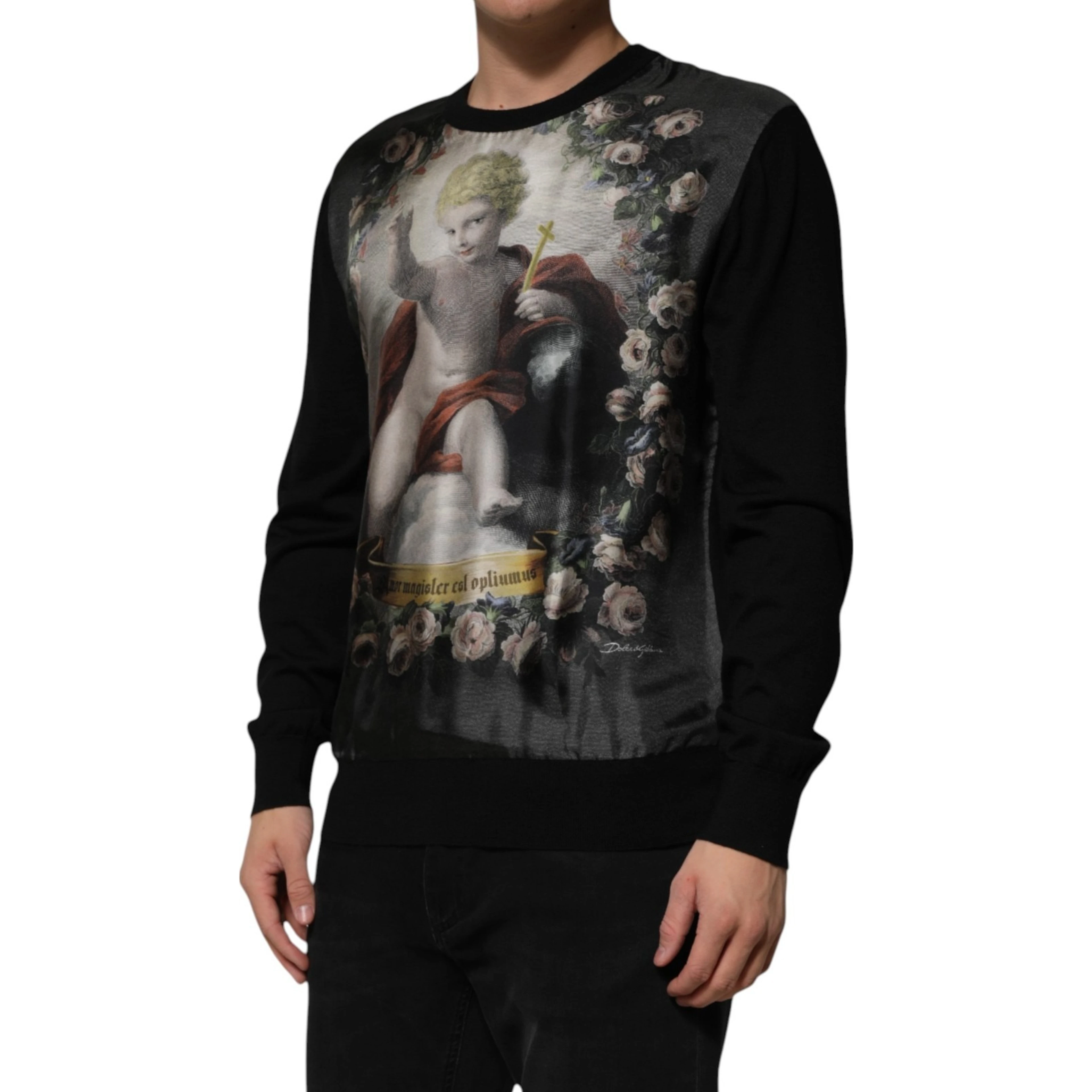 Black Cashmere Cherub Print Baroque Sweater