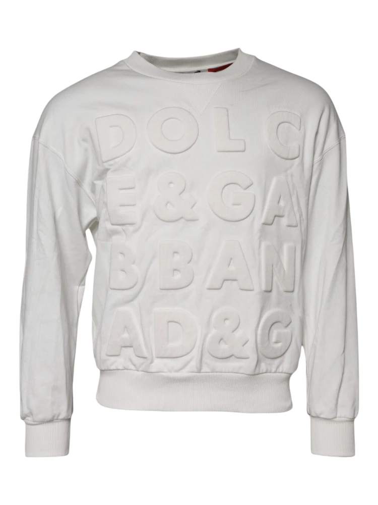 White Embossed Logo Cotton Crew Neck Sweater
