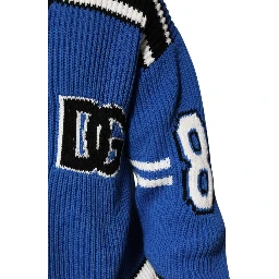 Blue Cotton Logo Patch Ribbed Knit Cardigan Sweater