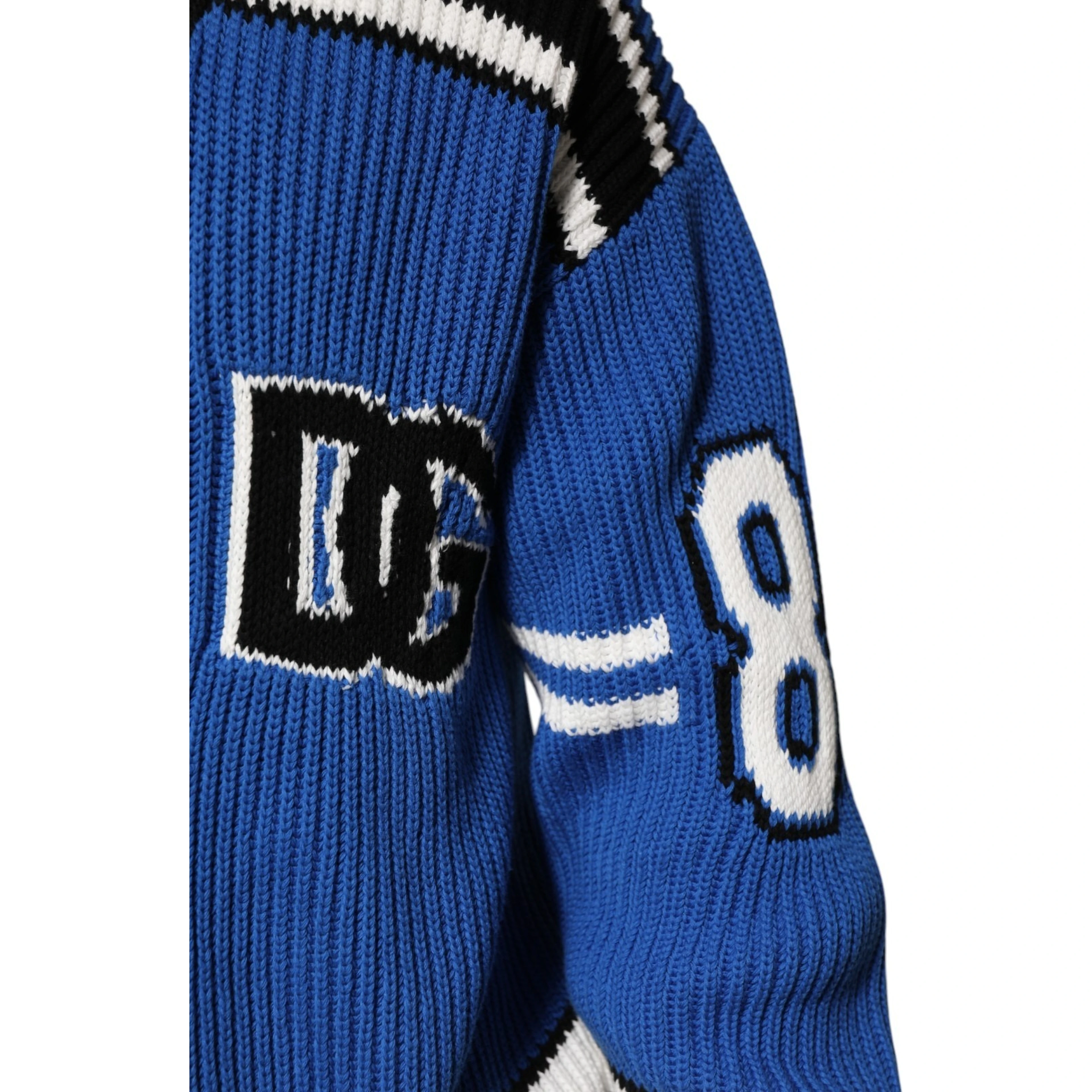 Blue Cotton Logo Patch Ribbed Knit Cardigan Sweater