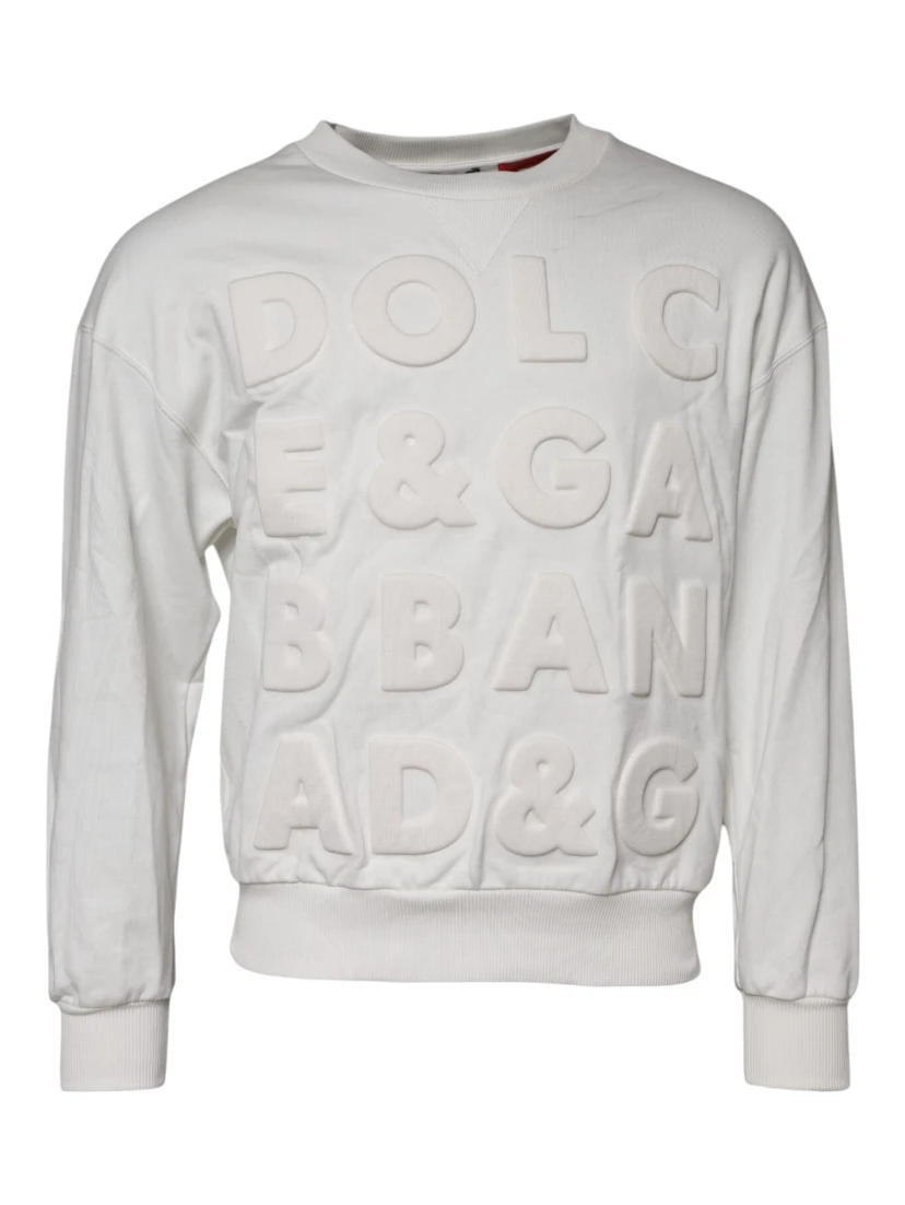 White Embossed Logo Cotton Crew Neck Sweater