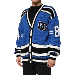 Blue Cotton Logo Patch Ribbed Knit Cardigan Sweater