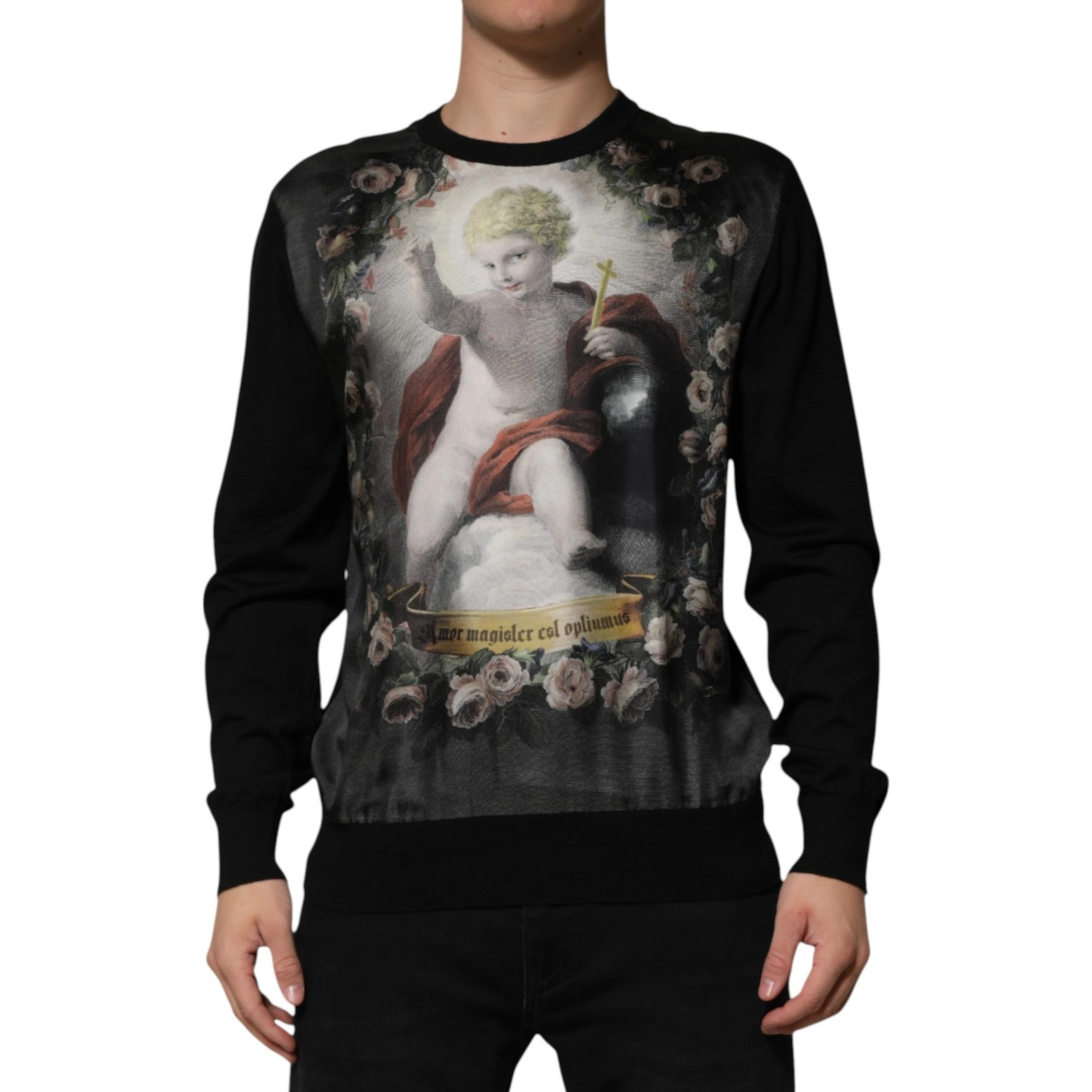 Black Cashmere Cherub Print Baroque Sweater