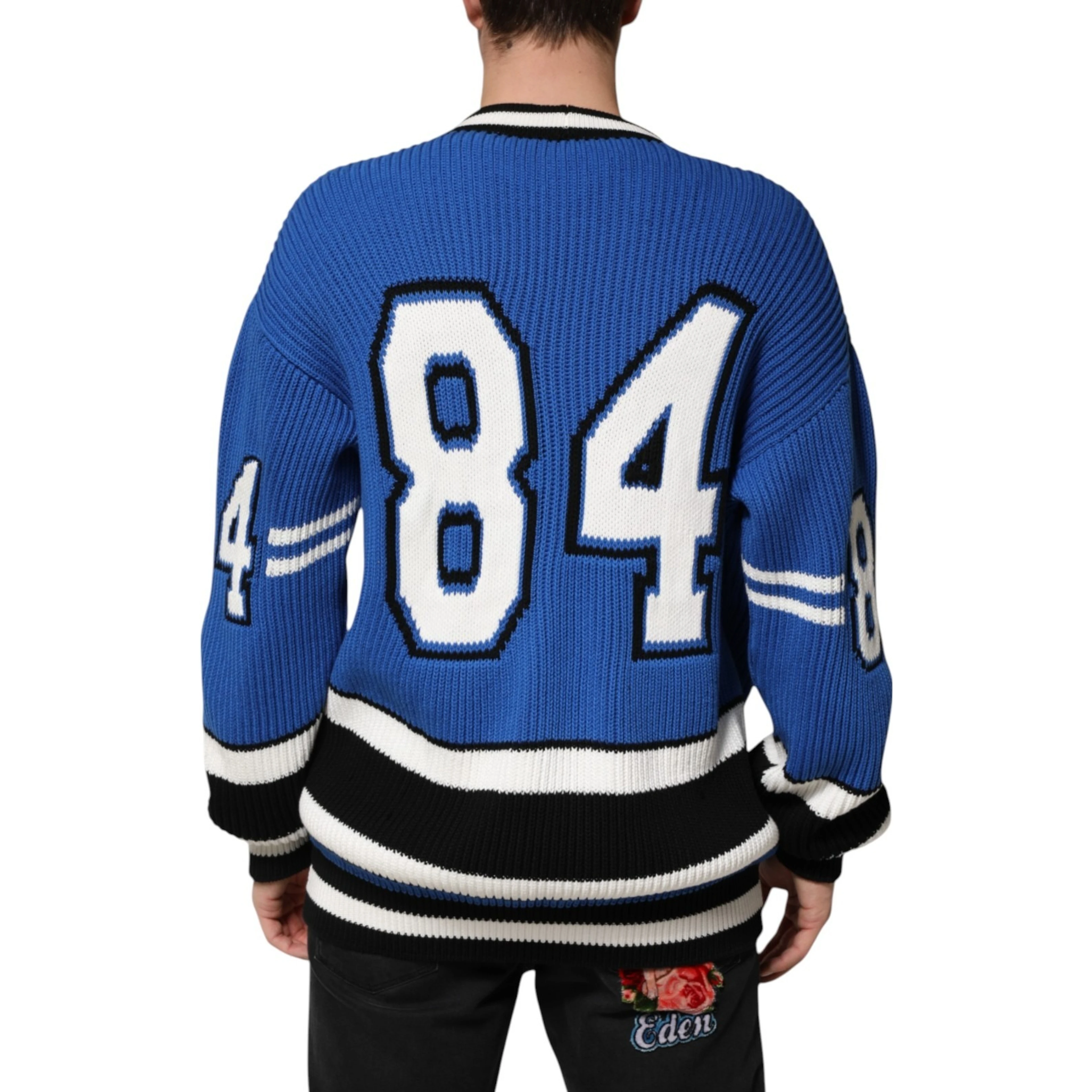 Blue Cotton Logo Patch Ribbed Knit Cardigan Sweater