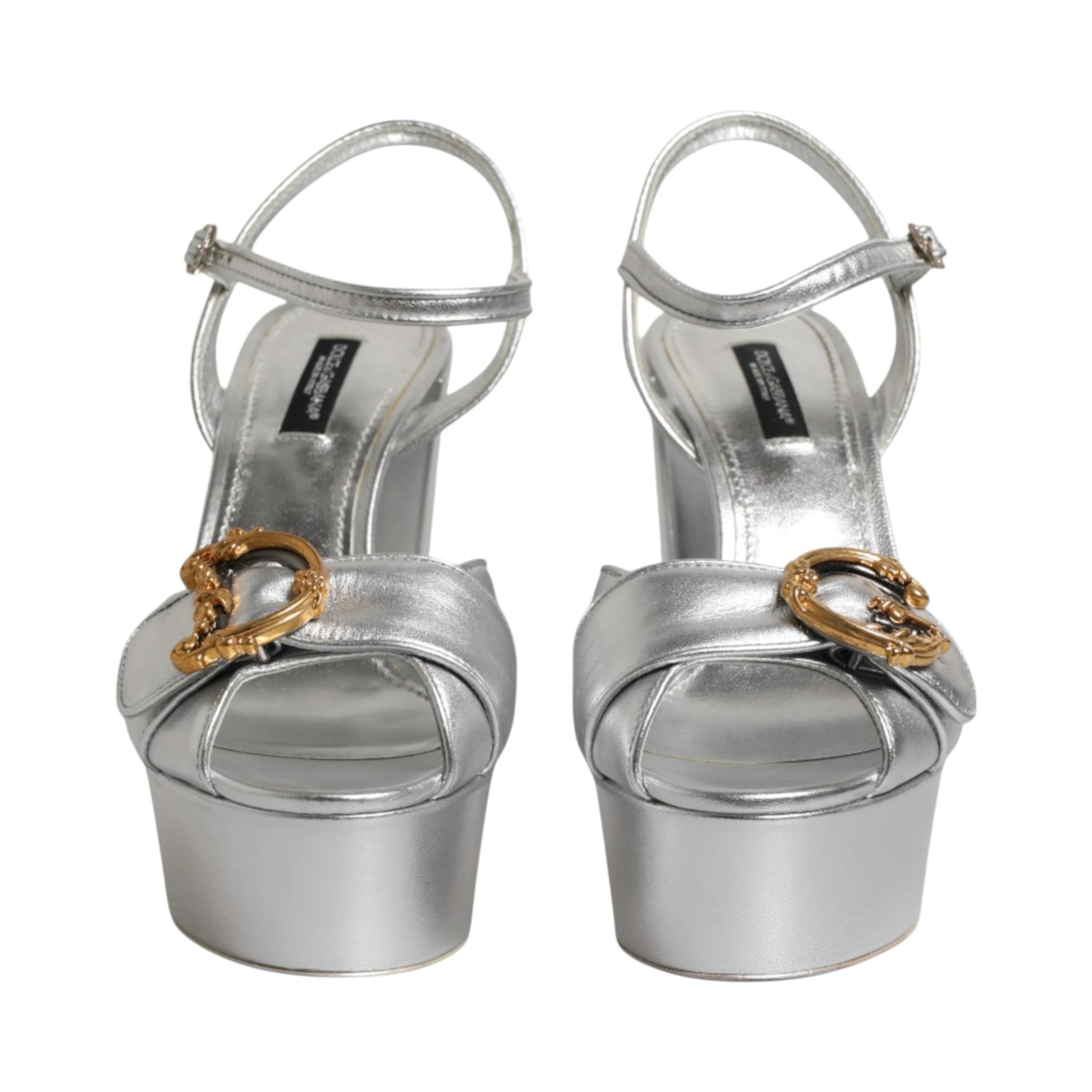 Silver Logo Ankle Strap Heels Sandals Shoes