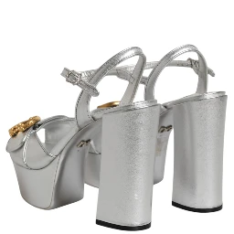 Silver Logo Ankle Strap Heels Sandals Shoes