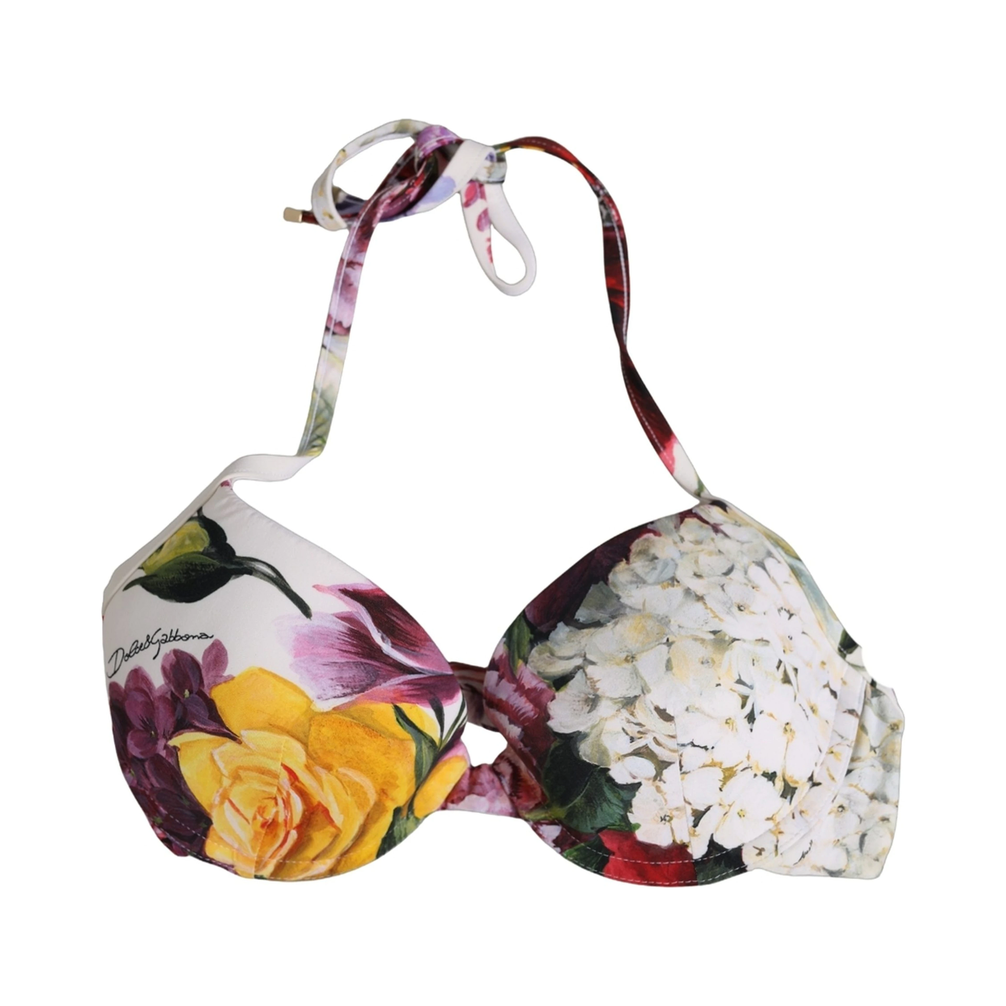 White Floral Print Nylon Beachwear Bikini Top