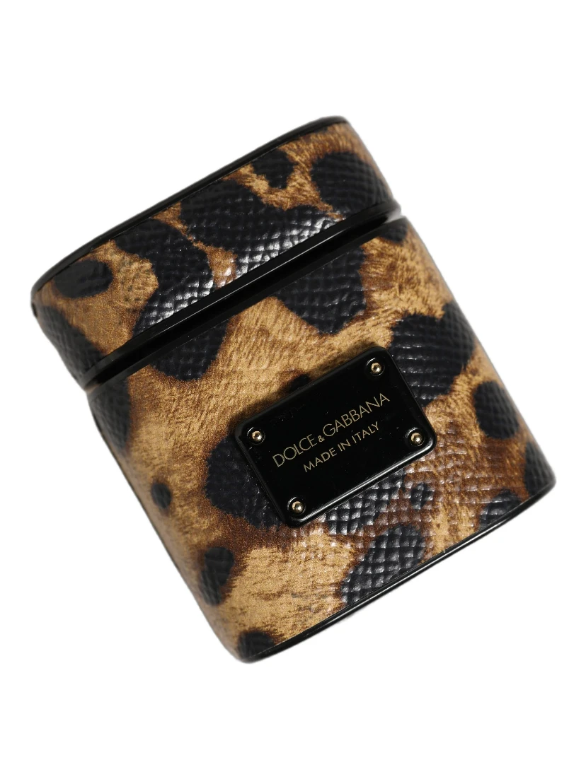 Brown Leopard Calf Leather Metal Logo Plaque Airpods Case