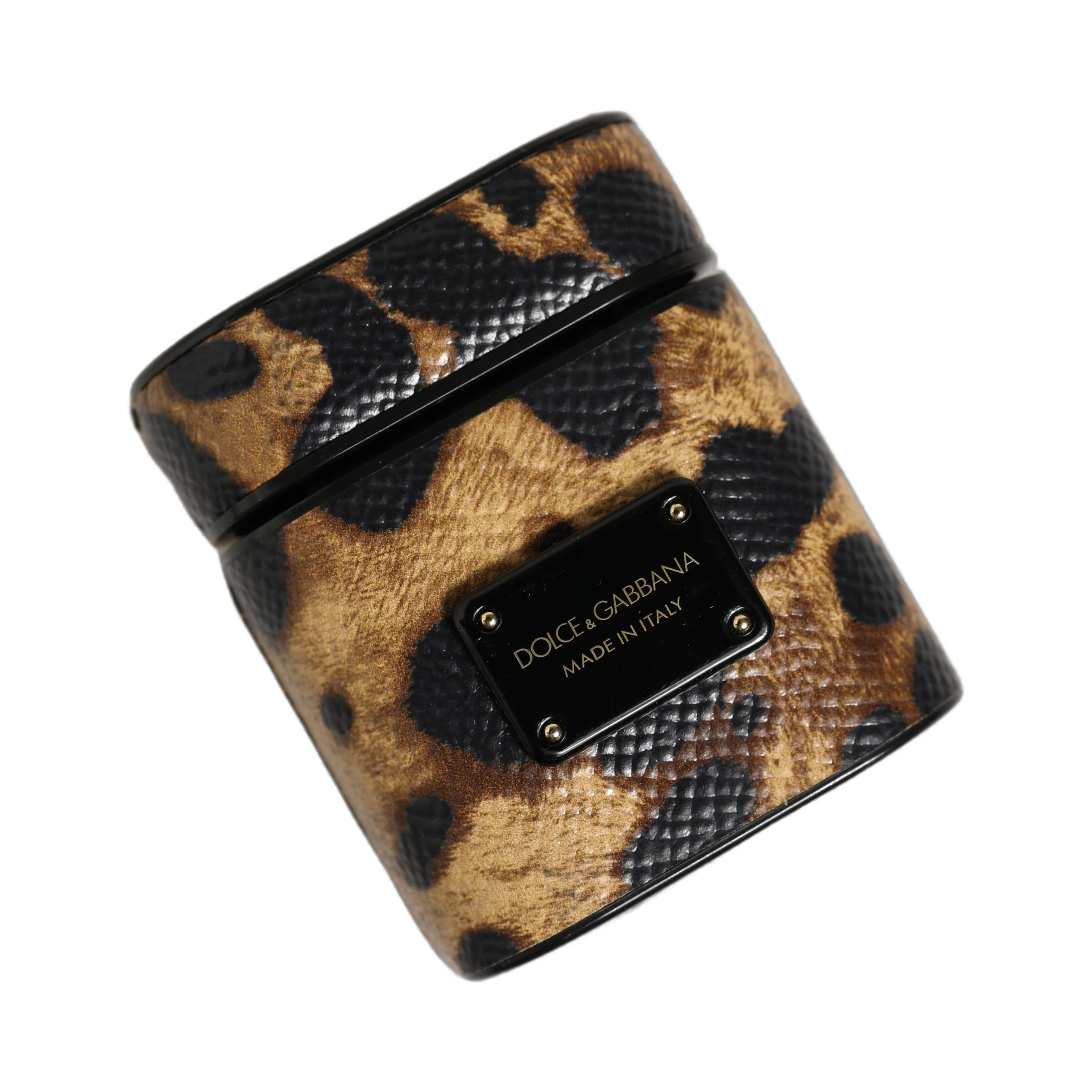 Brown Leopard Calf Leather Metal Logo Plaque Airpods Case