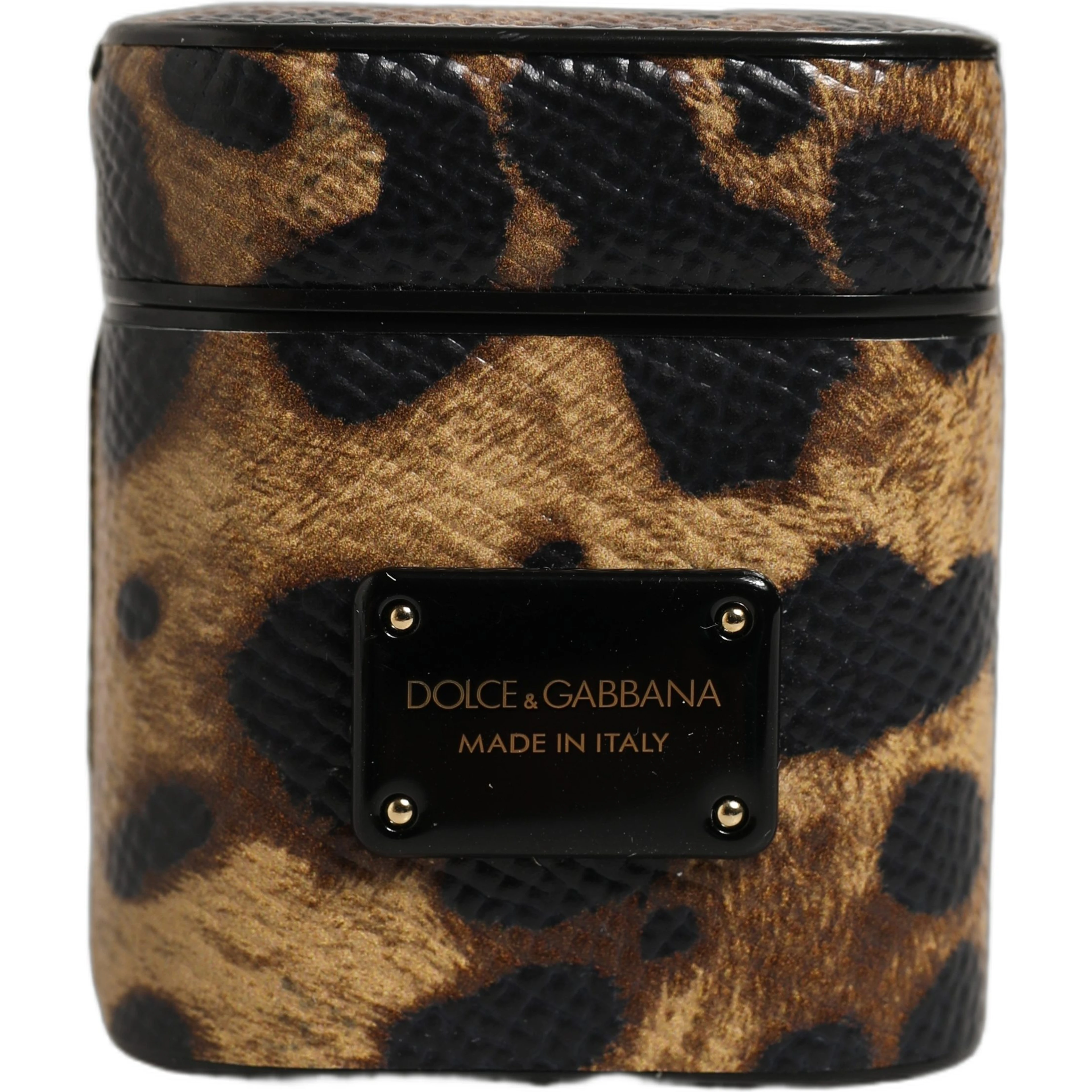 Brown Leopard Calf Leather Metal Logo Plaque Airpods Case