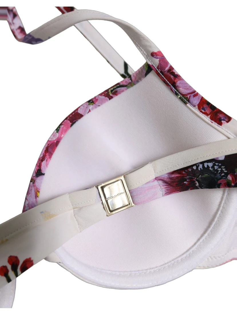 White Floral Print Nylon Beachwear Bikini Top
