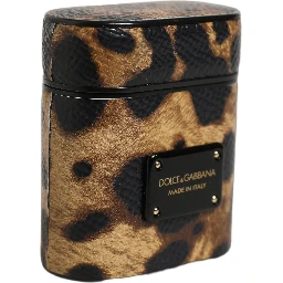 Brown Leopard Calf Leather Metal Logo Plaque Airpods Case